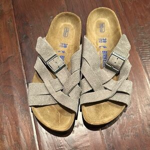 Women’s size 7 - 7.5 Birkenstock Lugano Soft Footbed Suede Leather Gray Sandals